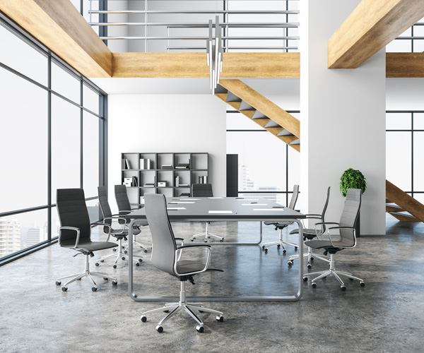 Modern conference room interior with furniture and city view. 3D Rendering